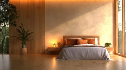 A minimalist bedroom featuring warm wooden elements and soft lighting creates a cozy atmosphere, harmoniously blending nature with contemporary design aesthetics.