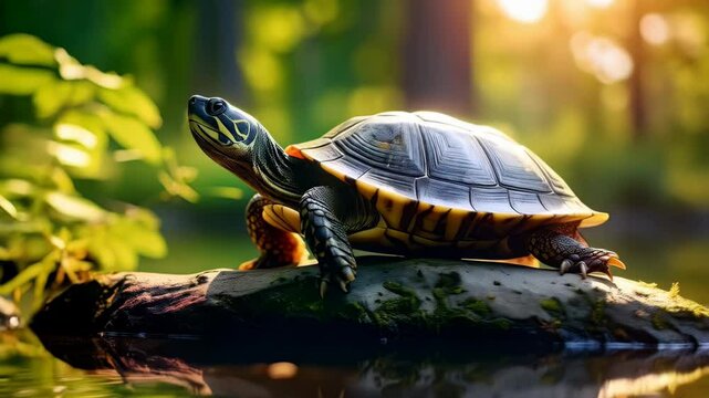 Detailed turtle resting on log near water's edge surrounded by lush greenery in a sunlit forest, showcasing shell textures and natural light.
