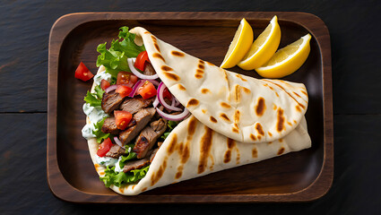Delicious beef gyro wrapped in soft pita bread with fresh tomatoes lettuce and lemon slices