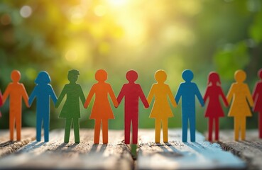 Multicolor paper people holding hands, wooden background, foliage. Concept of friendship, diversity, teamwork, partnership, community, different races, nations. Idea of unity, support, cooperation,