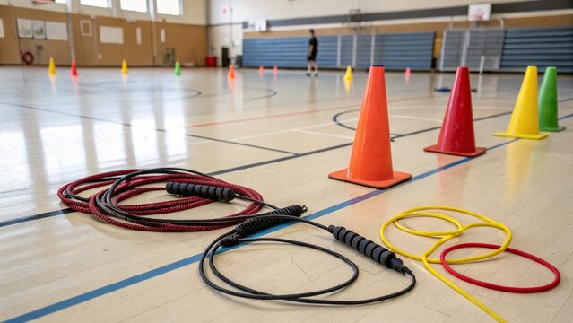 Jump Ropes and Cones on a Gymnasium Floor Ready for Exercise and Training - Powered by Adobe