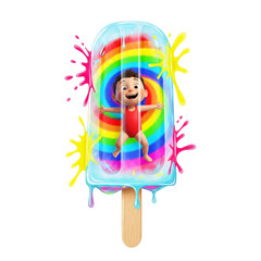 Cute Child Trapped in Rainbow Ice Pop with Splashes - Summer Fun Concept