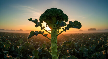 Broccoli Field At Sunrise With Golden Hour Haze Effect