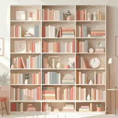 image of a library full of colorful books neatly arranged in a simple and minimalist flat design using a white background