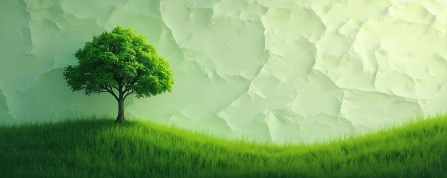 Zen scene with a tree on a grassy hill. Calm background with pastel colors. Eco friendly nature illustration for meditation apps wallpaper. Represents tranquility, nature, mindfulness, eco theme.