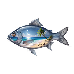 Tropical Beach Dreamscape Inside a Fish Silhouette