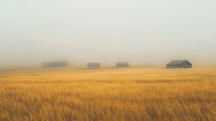 Golden Wheat Field with Old Wooden Barns in Morning Fog – Serene Rural Landscape with Mist and Soft Pastel Tones
