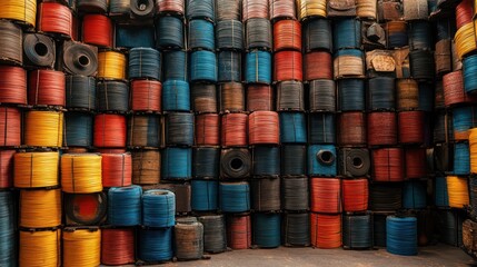 Multicolor cylindrical reels arrangement for industrial application and manufacturing backdrop