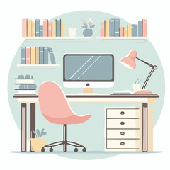 image of a library table with a computer and reading chair with a simple and minimalist flat design using a white background