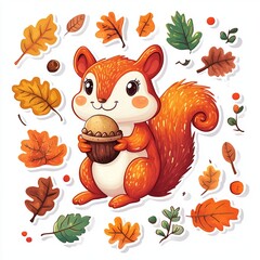 Cute cartoon squirrel holding an acorn surrounded by autumn leaves in colorful vector style on white background, perfect for kids and seasonal designs