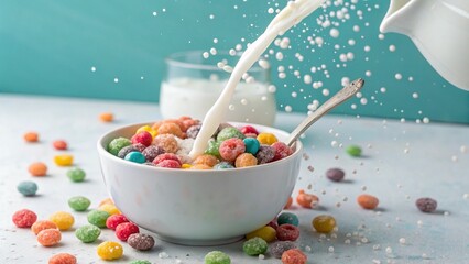White Bowl of Colorful Round Cereal Balls with Milk Pouring and Splashes - Fun and Playful Breakfast Food