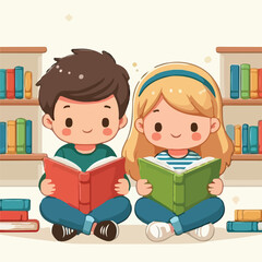 image of two children sitting side by side reading books in a library with a simple and minimalist flat design using a white background