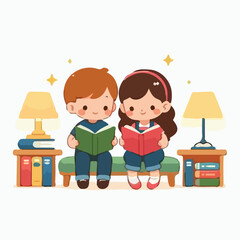 image of two children sitting side by side reading books in a library with a simple and minimalist flat design using a white background