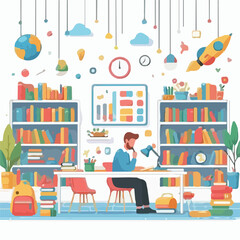 image of school library with children's decoration with simple and minimalist flat design using white background
