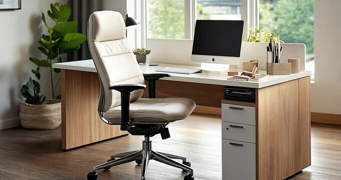 Video of a modern office workspace featuring a desk chair desk drawers computer and window with sunlight illuminating a light wood floor. Office setting daytime indoor