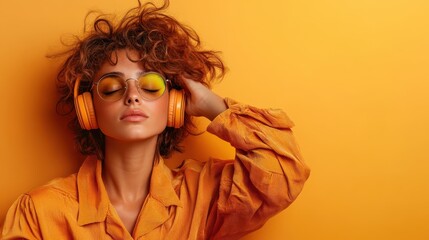 A fashionable woman with curly hair and stylish headphones immerses herself in music against a vibrant orange background, exuding confidence and artistic flair.