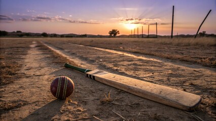Cricket Bat and Ball on a Dusty Field at Sunset with Long Evocative Shadows