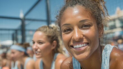 Fototapeta premium Smiling young woman with her friends, enjoying a sunny day outdoors.