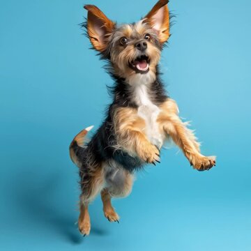A happy, excited mixed breed dog jumping with excitement.