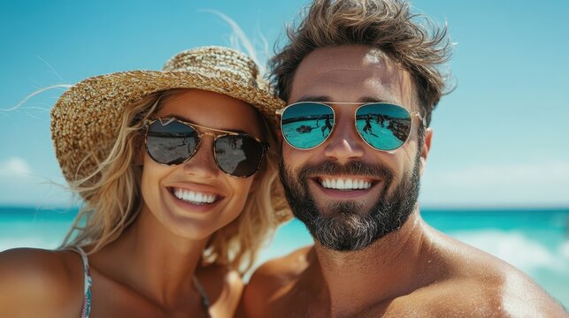 A joyful couple poses for a selfie at the beach, showcasing their happiness and love under the bright sun, wearing stylish sunglasses and a hat, with blue waves in the background.
