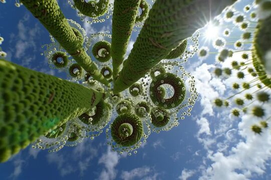 A worms' eye view from underneath of a garden with plant stems and blue sky.