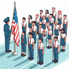 image of flag ceremony and students lined up neatly with simple and minimalist flat design using a white background