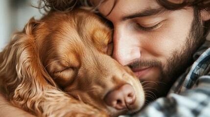 A heartwarming scene of a young man embracing his golden retriever, capturing a moment of love and companionship that reflects the bond between humans and pets.
