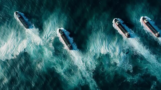 An aerial perspective of multiple ships navigating a stormy sea with dramatic wave crests and troughs emphasizing the variations in pressure exerted upon each vessel in response to