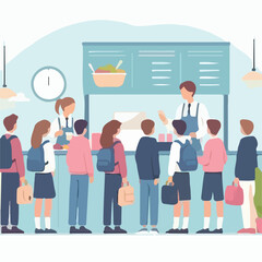 image of a school canteen atmosphere with students buying food with a simple and minimalist flat design using a white background