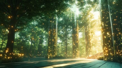 Luminous grove: A futuristic forest bathing in ethereal light and reflection