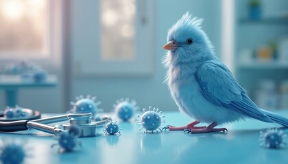 Avian flu concept with bird, virus models. Medical tools, microscope, stethoscope on table. Healthcare, virus, illness, pandemic, medical research theme. Science, biology, health, vaccine