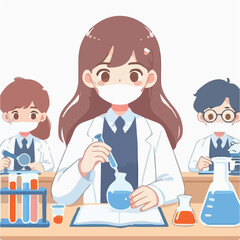 image of students conducting experiments in a school laboratory with a simple and minimalist flat design using a white background
