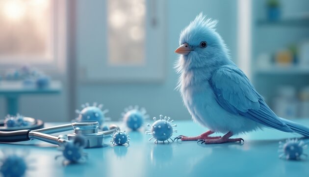 Avian flu concept with bird, virus models. Medical tools, microscope, stethoscope on table. Healthcare, virus, illness, pandemic, medical research theme. Science, biology, health, vaccine