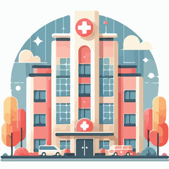 image of a multi-storey hospital building with a simple and minimalist flat design using a white background