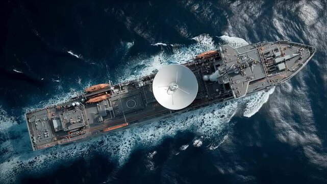 An aerial perspective of the ship featuring the satellite dish prominently with the vessels deck layout visible below illustrating the integration of technology within its operational