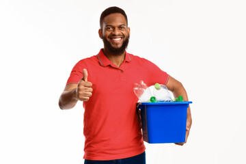 Happy Black Guy Showing Like Gesture Holding Bucket With Recycle Symbol And Wasted Plastic Litter...