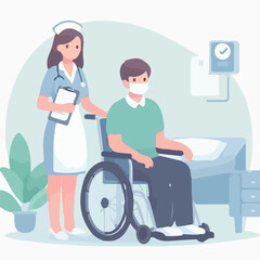 image of a patient sitting in a wheelchair and accompanied by a nurse with a simple and minimalist flat design using a white background