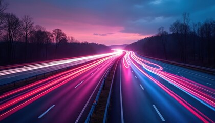 Long exposure shot highway road traffic. Car lights trails at dusk night. Motion blur, speed concept, driving, journey, travel. Highway lanes neon light trails. Urban transportation background.