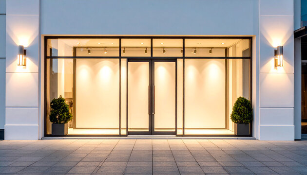 entrance of store or mall with space for product showcase behind the glass wall facing the street