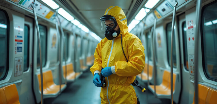 HazMat team member in protective suit decontaminates metro car during virus outbreak. Medical worker sprays disinfectant. Measures against coronavirus pandemic. Preventive measures in public - Powered by Adobe