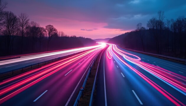 Long exposure shot highway road traffic. Car lights trails at dusk night. Motion blur, speed concept, driving, journey, travel. Highway lanes neon light trails. Urban transportation background.