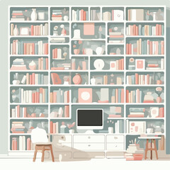 image of a neatly arranged library bookshelf with a simple and minimalist flat design using a white background