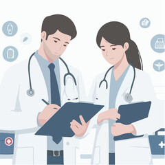 image of two medical personnel discussing while looking at a clipboard with a simple and minimalist flat design using a white background