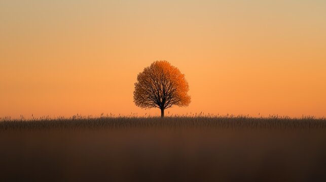 A lone tree stands silhouetted against the beautiful golden sunset sky