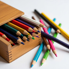 Obraz premium Colorful pencils in a wooden box for drawing and creativity
