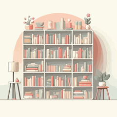 image of a neatly arranged library bookshelf with a simple and minimalist flat design using a white background