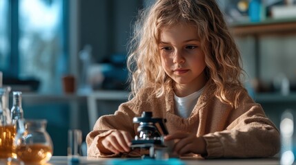 A focused young girl examines a specimen through a microscope, showcasing curiosity and the spirit of discovery in a colorful laboratory setting filled with science tools.