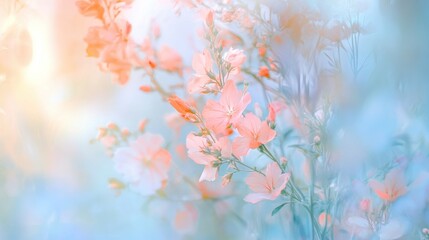 Beautiful light pastel colored flowers are gently blooming in a garden setting