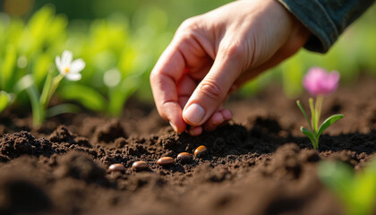 Close-up of hand planting seeds in soil. Spring gardening, sowing seeds. Agriculture, farming, gardening, nature, growth. Healthy organic fresh food concept.