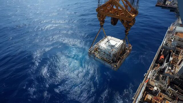 Recovery ship crane lifting spacecraft module from the ocean after a successful splashdown, marking the completion of an important mission and the safe return of astronauts
